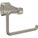 Een moderne, geborsteld metalen toiletrolhouder met een strak design.