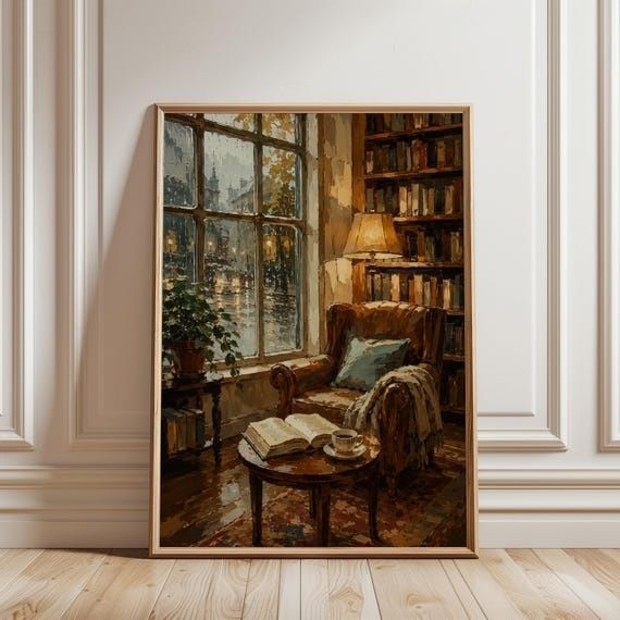 Schilderij van een fauteuil met open boek in een rustige leeshoek