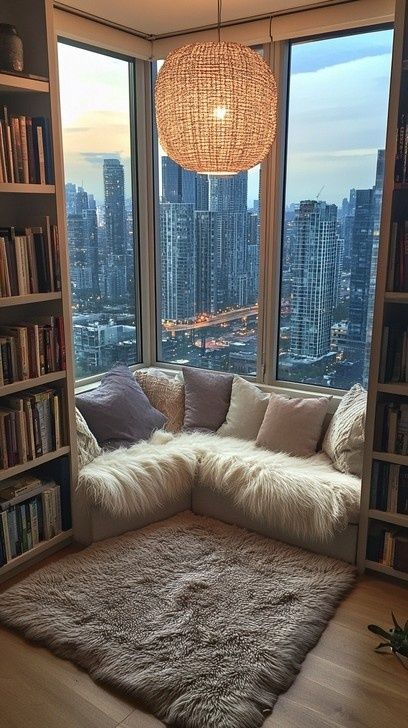 Knusse leeshoek met boeken, zachte kussens en uitzicht over de stad